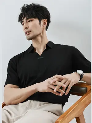 Men Black V-Neck Polo Shirt Summer Wear