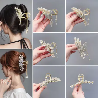 Elegant Pearl Hair Clips with Green Emerald Tassels