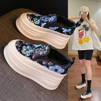 Women Sparkly Floral Wedge Sneakers All Season