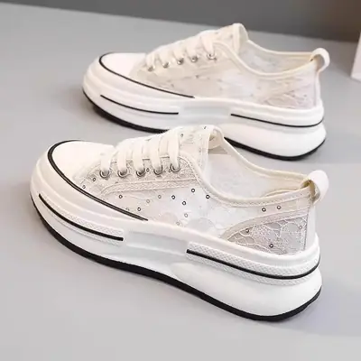 Women's White Lace Mesh Casual Shoes with Thick Sole