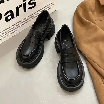 Japanese Loafers Women Black Thick Heel Non-Slip