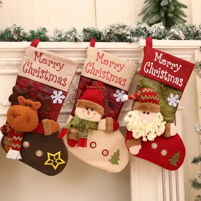 New Linen 3D Santa Claus Socks Christmas Stocking