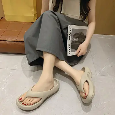 Women White Thick Sole Beach Slippers Grey