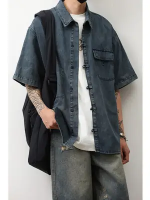 Denim Short Sleeve Shirt Dark Blue Men's Summer Wear