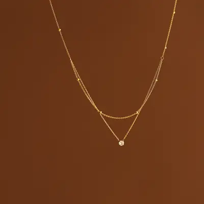 Gold Double Layer Necklace with Single Diamond Pendant