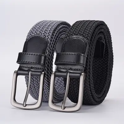 Men's Black Elastic Woven Belt with Silver Buckle