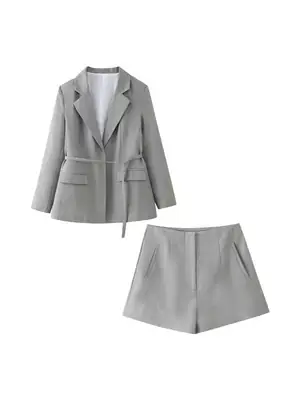2-piece Grey Belt Suit 2024 Summer Loose Belt Jacket Shorts Set