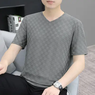 Men Ice Silk Checkerboard V-Neck T-Shirt Grey