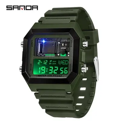 Sanda Green Digital Square Watch 24H