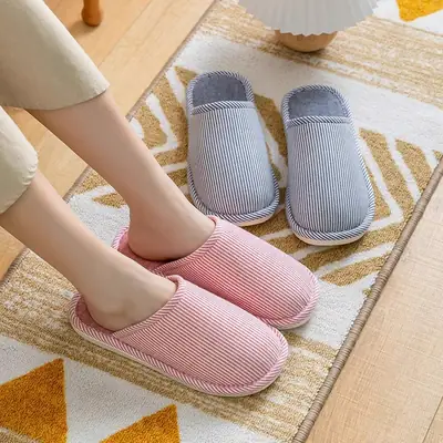 Cixi Cotton Slippers for Women, Autumn and Winter Home Warm and Dirt-Resistant Closed-Toe Cotton Slippers, Couple's Striped Slippers, Factory Wholesale