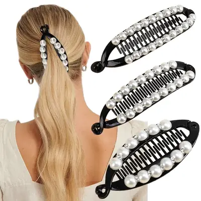 Pearl Diamond Hair Clip Black Banana Style 11x3cm