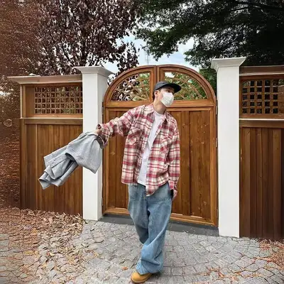 Men Plaid Flannel Shirt Grey Pants Casual Wear