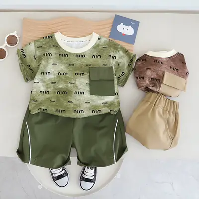 Korean Style Boys Summer T-Shirt Shorts Set Brown Beige