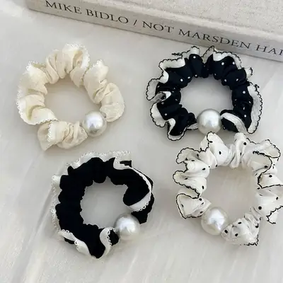 Pearl Hair Ring French Style Black White