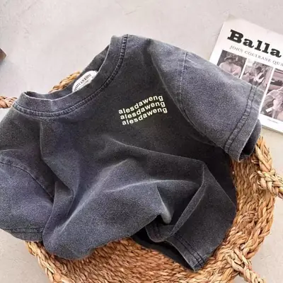 Summer Cotton Grey Letter Print Boys T-Shirt Round Neck