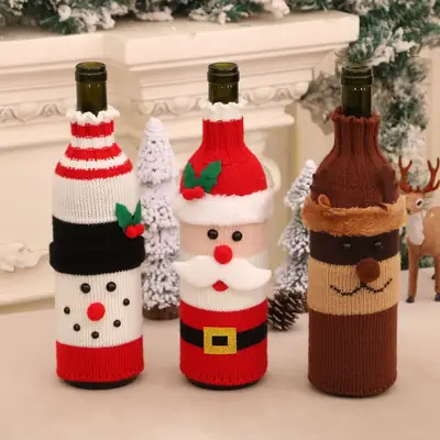 Knitted Wool Christmas Wine Bottle Decor Set Red Black White