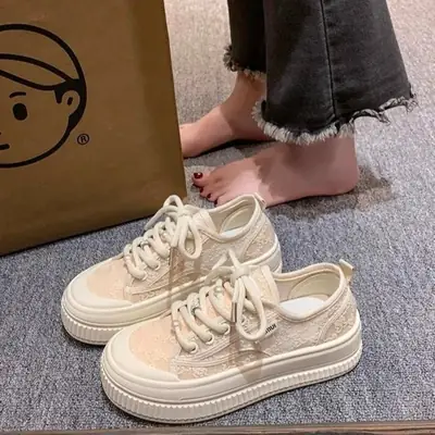 Women's Lace-Up Sneakers White Net Pattern Thick Sole