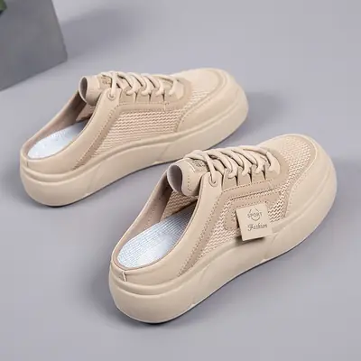 Women's Mesh Slip-On Half Slippers White Platform Summer
