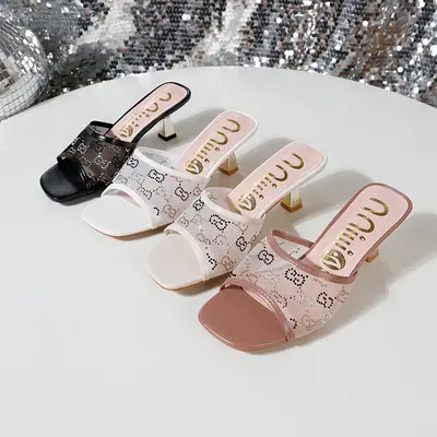 Women's Black Lace Heel Slippers with Gold Heel