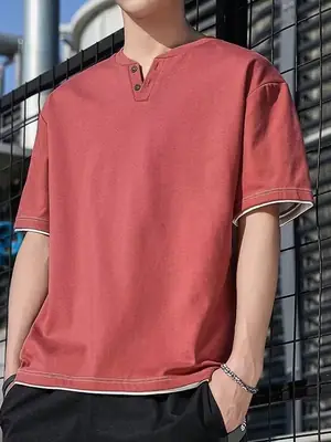 Men Korean Fake Two V Neck T-Shirt Light Blue
