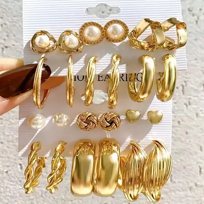 Fashion Earrings Set 6 Pcs Retro Gold Geometric Pearl & Crystal