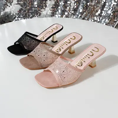 Pink Lace Heel Mules Women's Stiletto Slippers