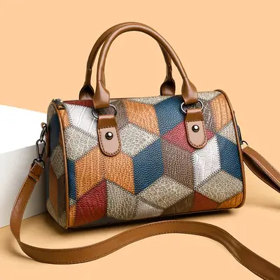 Crossbody Bag Geometric Plaid Pattern Brown Blue Red