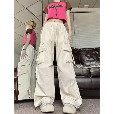 Apricot Multi-Flap Pocket Pants for Women Spring Fall New High-Waisted Loose Wide-Leg Slim Versatile Casual Pants Trendy