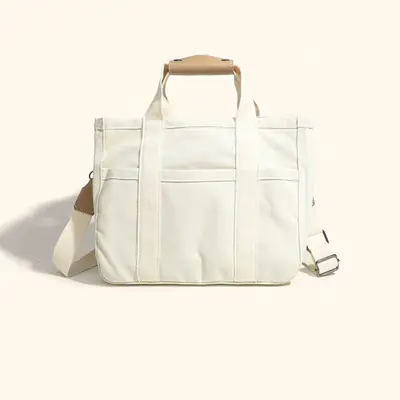 White Canvas Shoulder Crossbody Tote Bag with Multiple Compartments