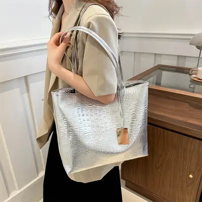 Silver Croc PU Shoulder Bag for Women