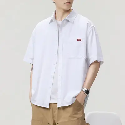 White Men's Half-Sleeve Japanese Lapel Shirt