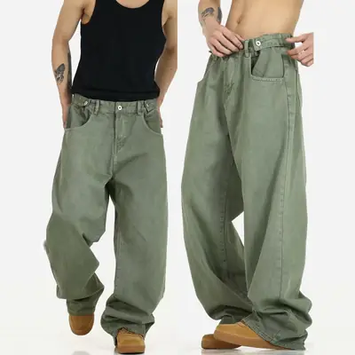 Men's Green Wide Leg Wash Denim Pants Dipped Design