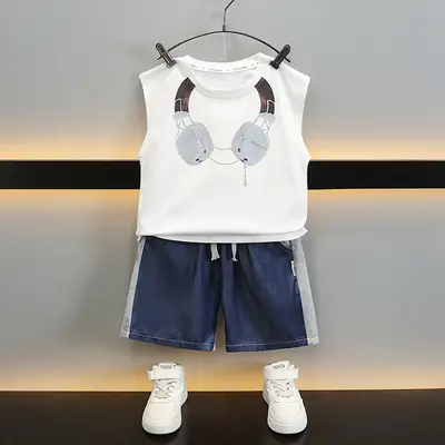 Kids Sleeveless Vest & Shorts Set Black Blue Summer
