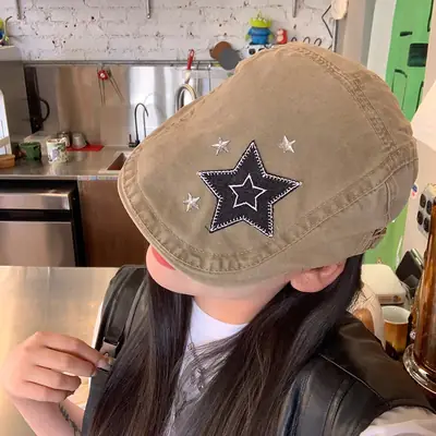 Japanese Style Star Embroidered Denim Cap for Women