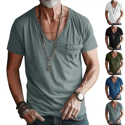 Men's Black Pocket T-Shirt V-neck Short Sleeve