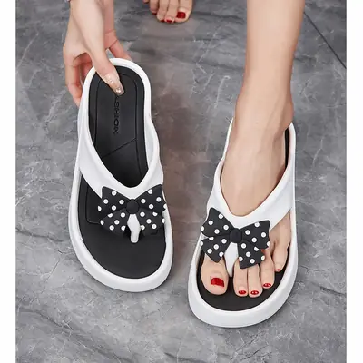 Women's Black Bow Flip Flops with Thick EVA Sole