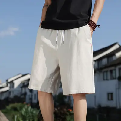 Men Pure Cotton Summer Shorts Rose White Drawstring