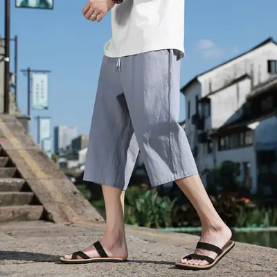 Men Cotton Linen Capri Shorts Plus Size Summer