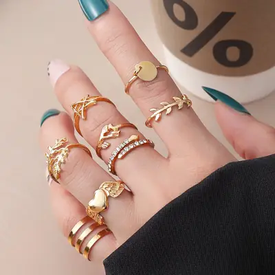 10-Piece Gold Plated Ring Set with Heart, Leaf, Star & Rhinestones
