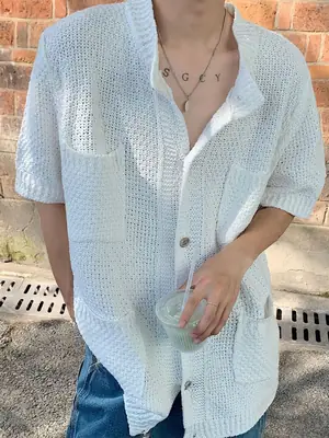 White Knitted Short-Sleeved Men's Shirt