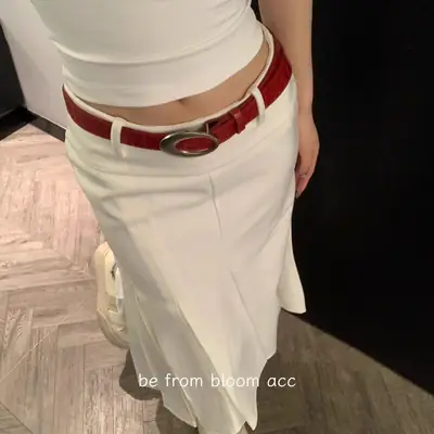 Women's Red Croc Leather Belt with Metal Buckle