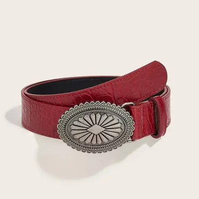 Women Red Croc Belt with Vintage Metal Buckle