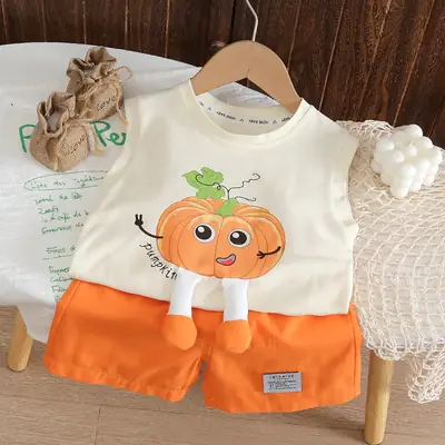 Children Cotton Pumpkin Vestsuit Orange Shorts Set