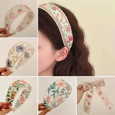 New Chinese Embroidered Flower Headband Women's Cotton Linen Wide Brim Hoop