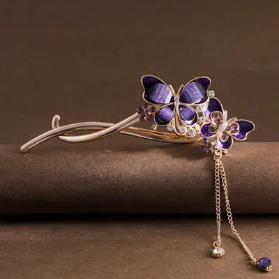 Vintage Butterfly Hairpin for Women Purple Crystal