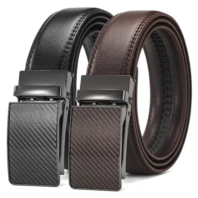 Black Leather Belt with Carbon Fiber Buckle for Men