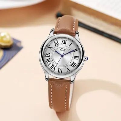 Gold European Roman Dial Women's Watch with Leather Strap