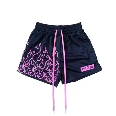 Men Flame Print Drawstring Shorts Black Purple