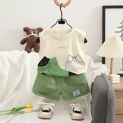 Children's Cat Print Vest Suit Cotton Summer White Orange