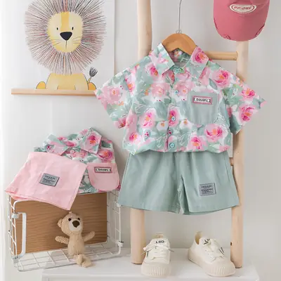 Children Cotton Floral Short Sleeve Suit Green